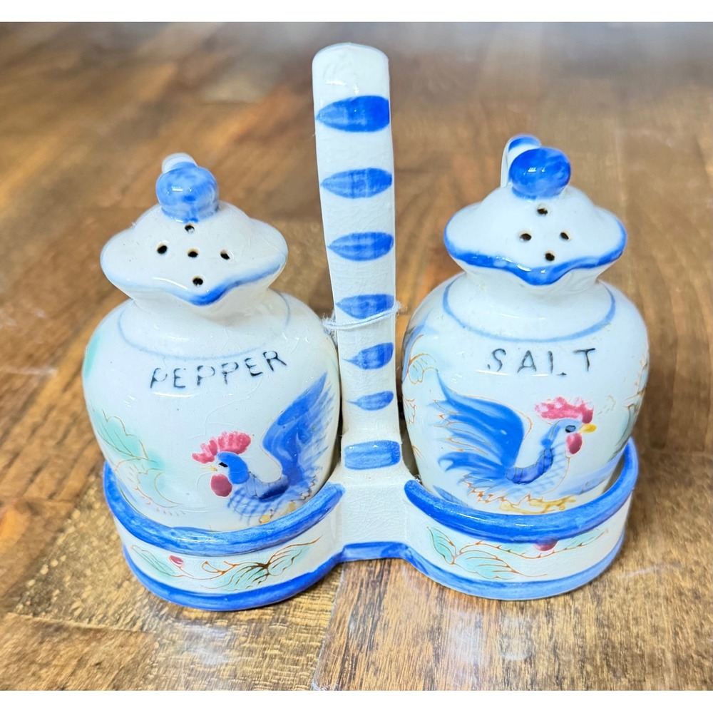 Vintage Ceramic Rooster Salt and Pepper Shaker Set with Caddy Blue White Red